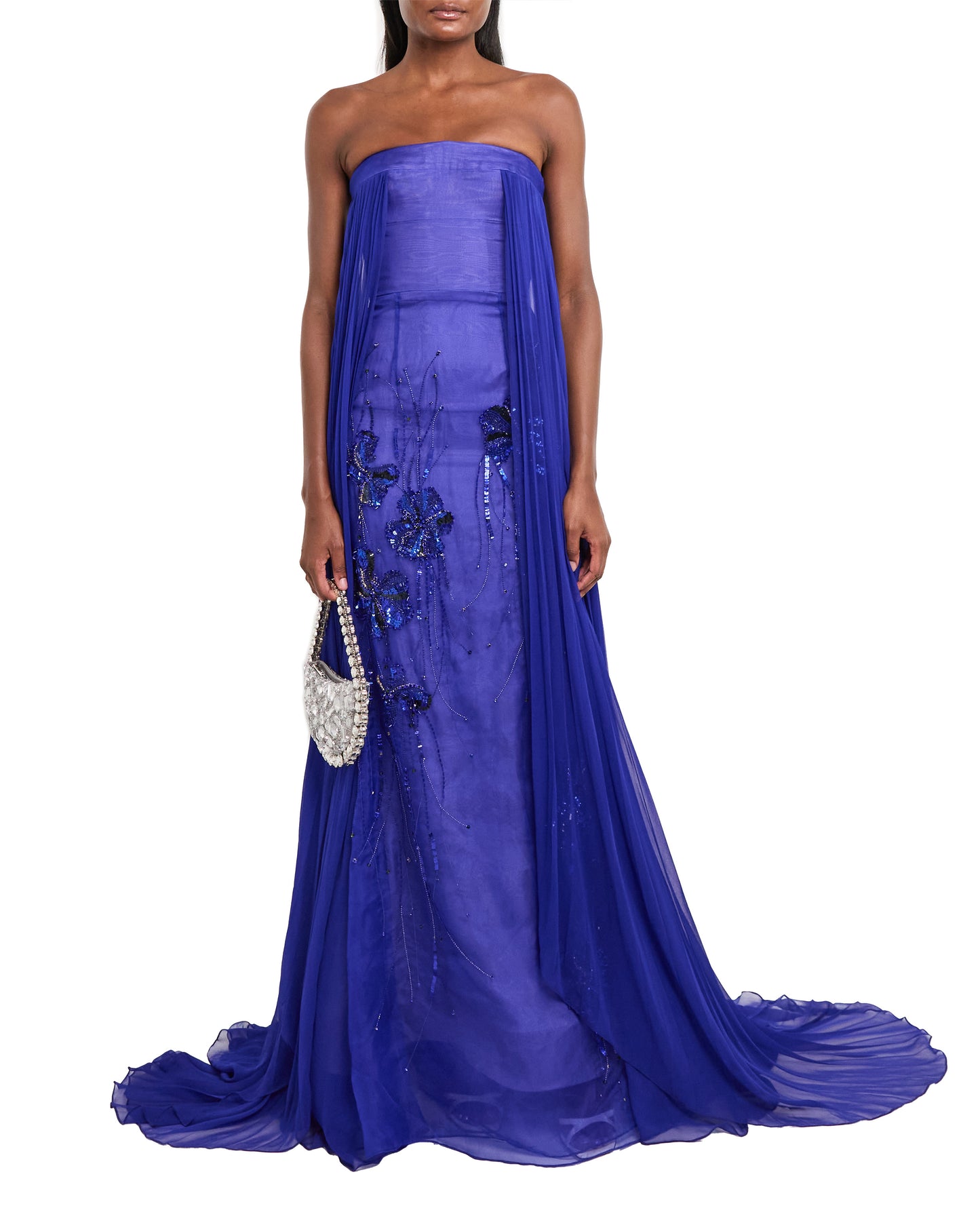 Yves Blue Organza And Chiffon Strapless Gown With Sapphire Fleur Embroidery