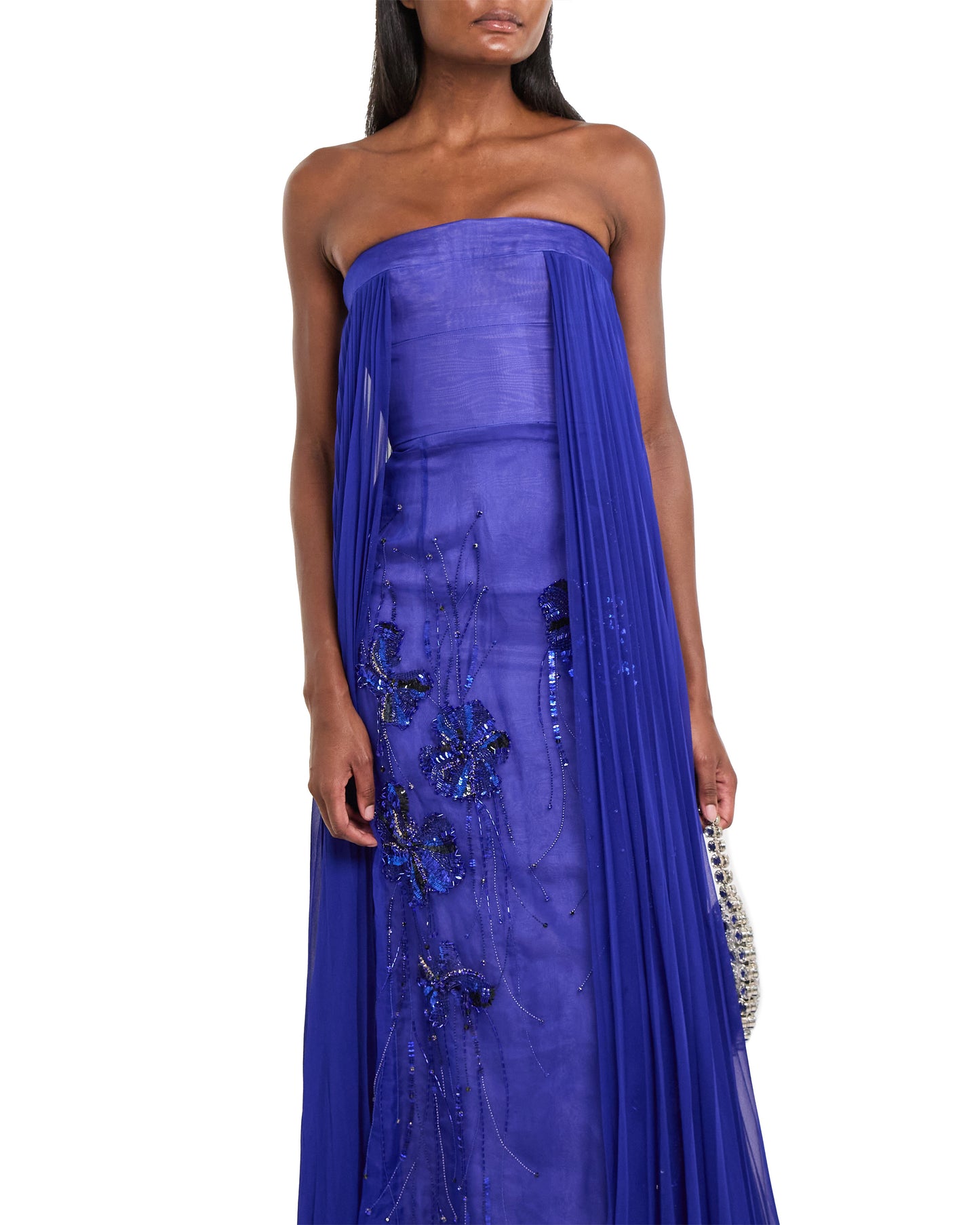 Yves Blue Organza And Chiffon Strapless Gown With Sapphire Fleur Embroidery