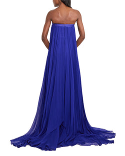 Yves Blue Organza And Chiffon Strapless Gown With Sapphire Fleur Embroidery