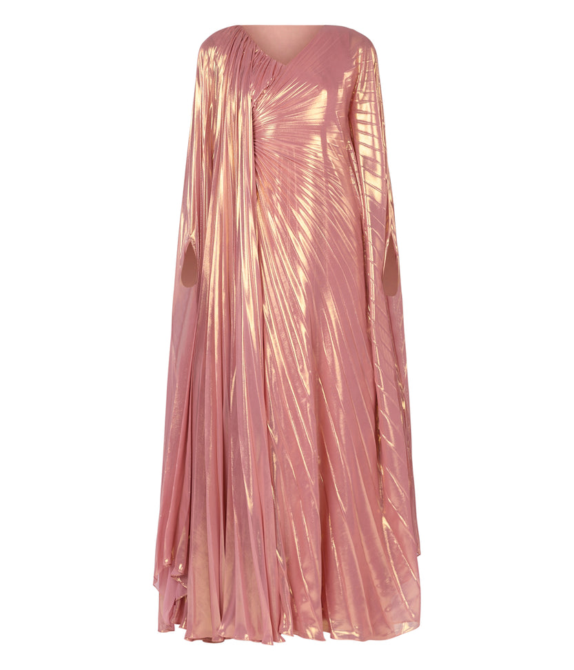 Shiny Pleated Cape Dress