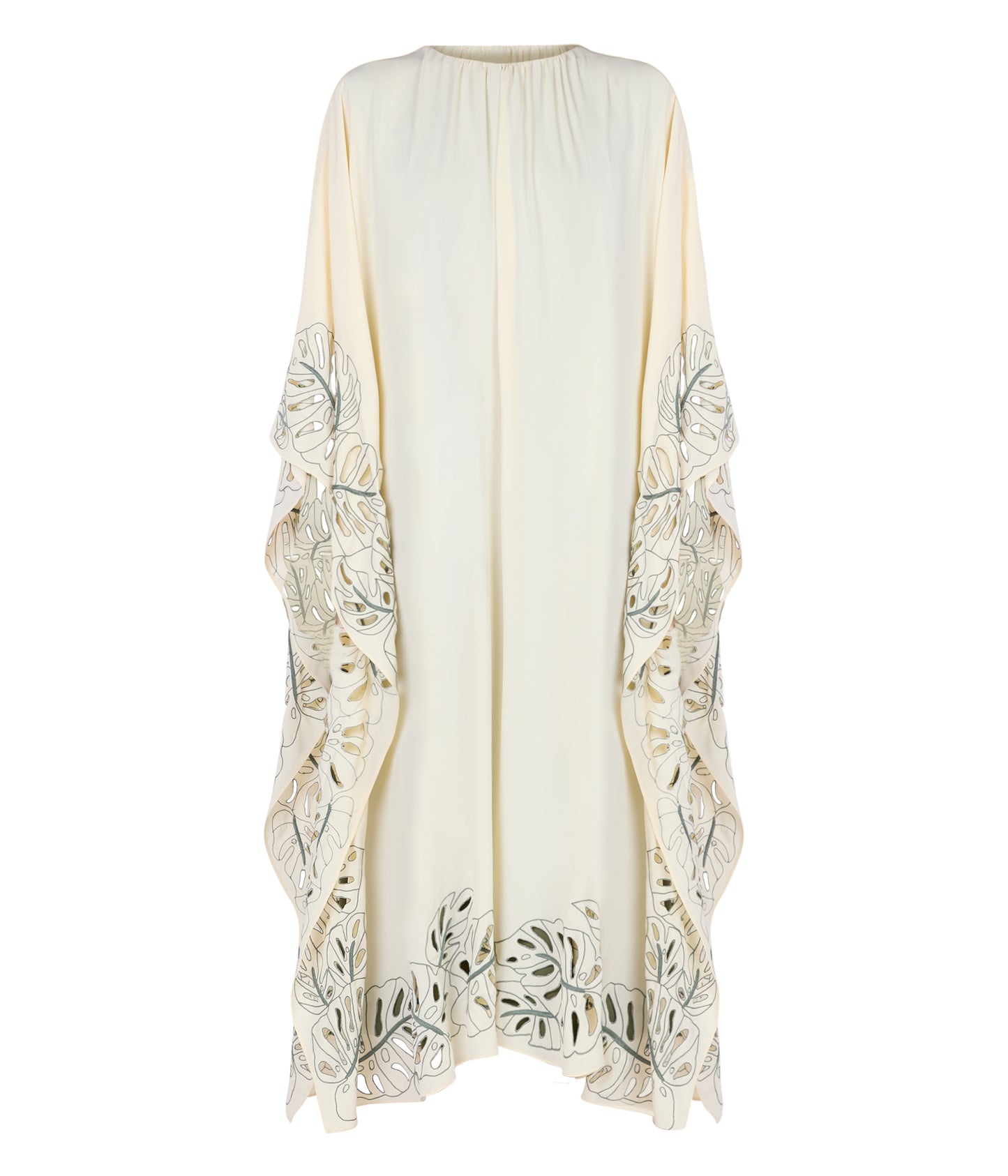 Gathered Neck Leaf Embroidered Kaftan