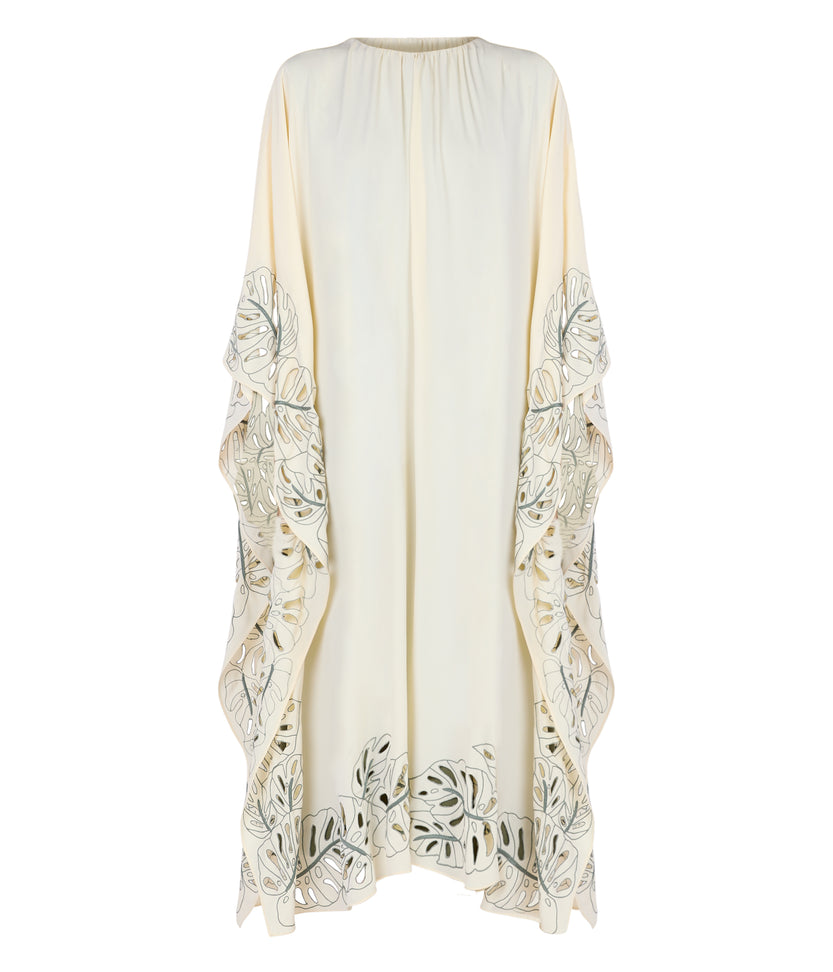 Gathered Neck Leaf Embroidered Kaftan