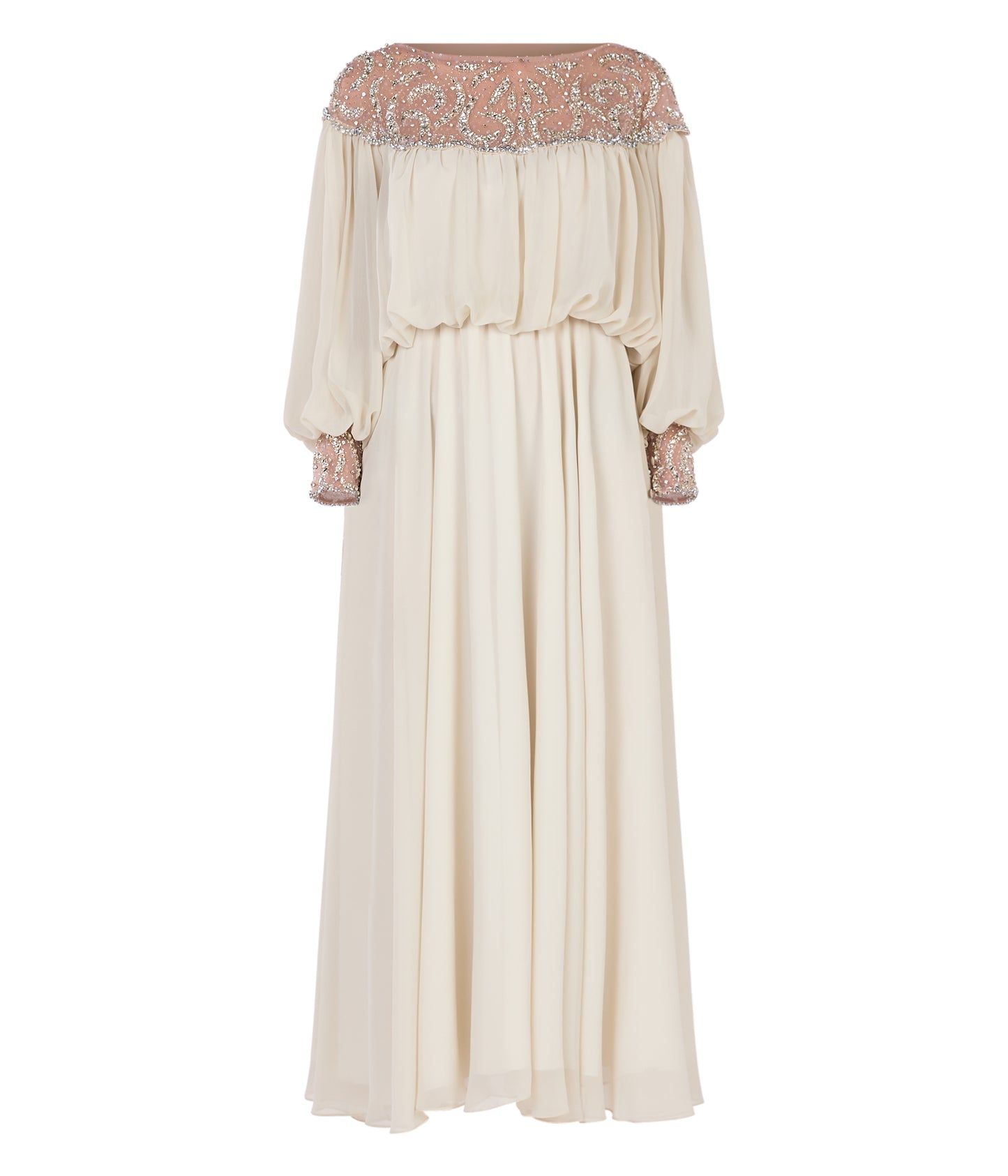 Wide Neck Dress With Gathers And Crystal Embellishment