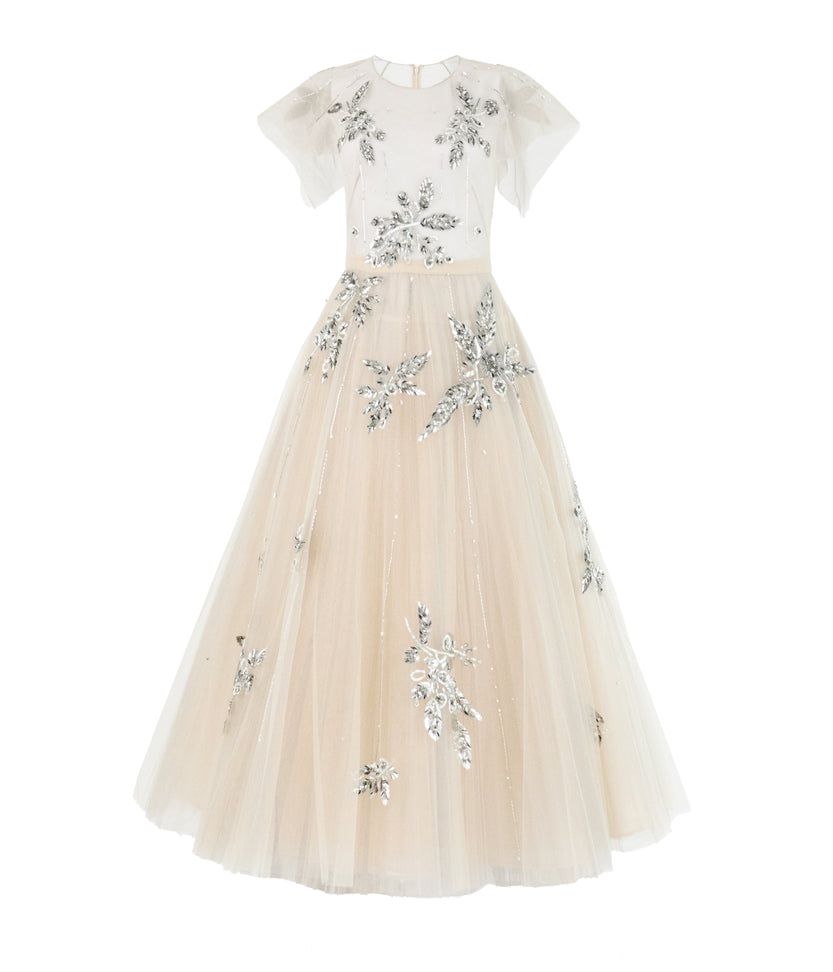 Bay Leaf Sequin And Crystal Embroidery Tulle Gown With Pleated Train