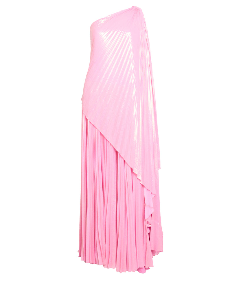 One Shoulder Draped Plissé Lamé Maxi Dress