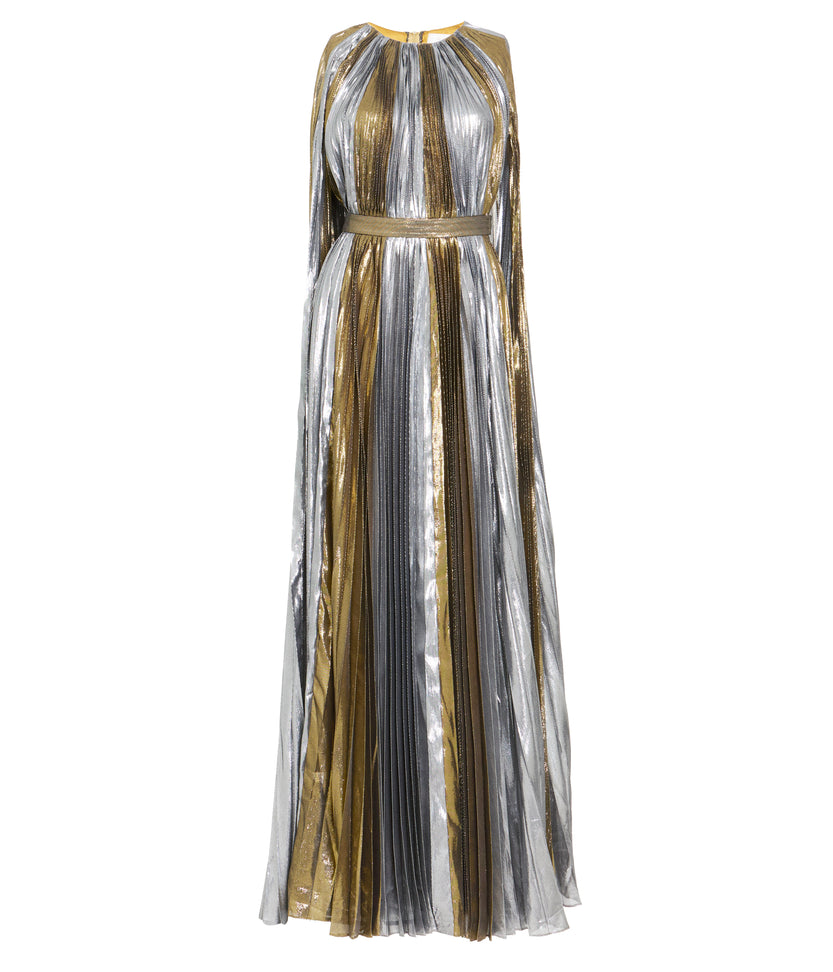 Gold and Silver Metallic Plissé Cape Back Gown