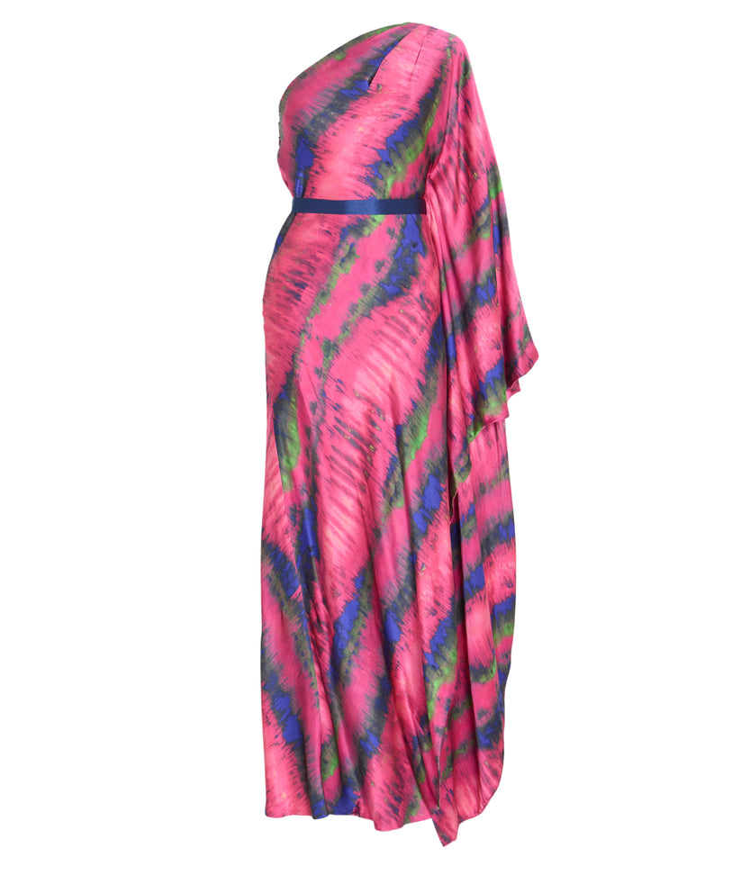 One-Shoulder Draped Tie-Dyed Silk-Satin Maxi Dress