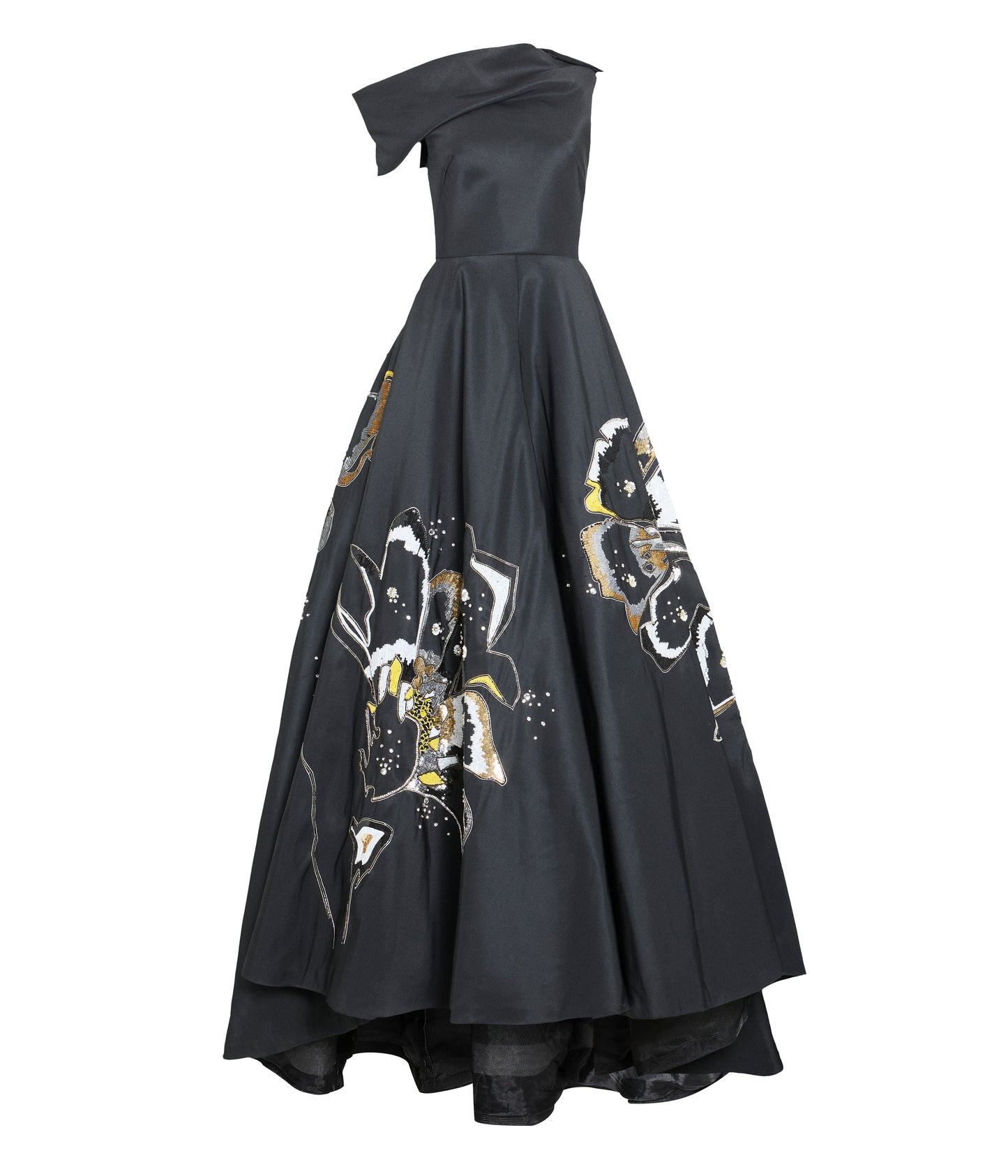 Onyx Faille Gown With Off-Shoulder Bodice And Crystal Hibiscus Embroidery