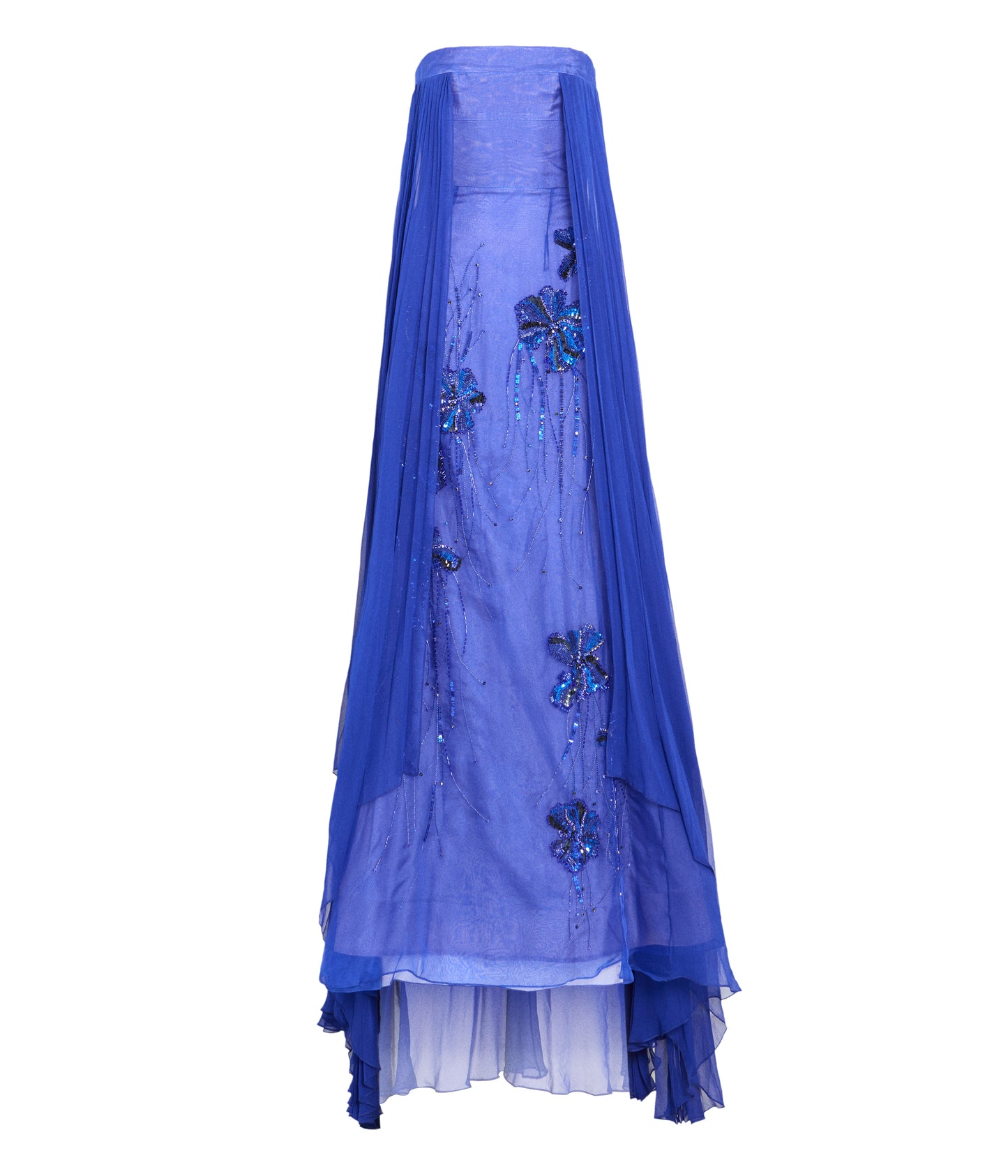 Yves Blue Organza And Chiffon Strapless Gown With Sapphire Fleur Embroidery