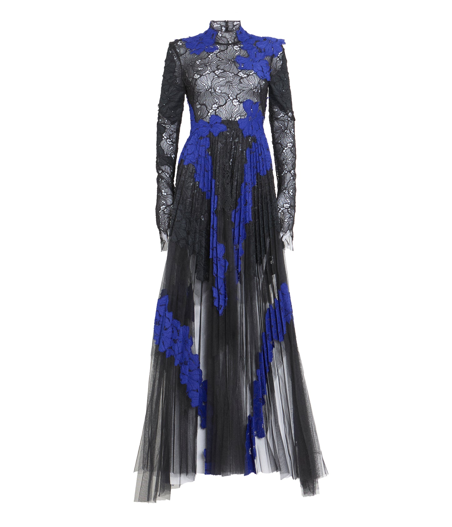 Pleated Tulle Dress With Yves Blue And Onyx Lace Applique