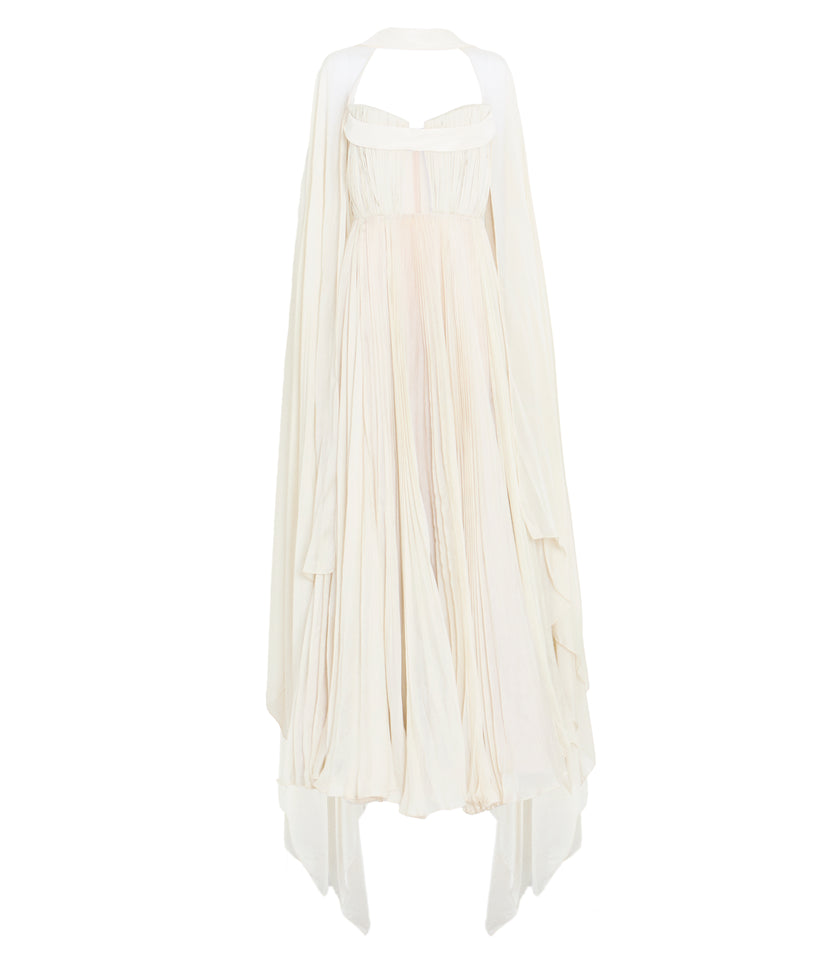 Pleated Silk Chiffon Strapless Gown With Cape Detail