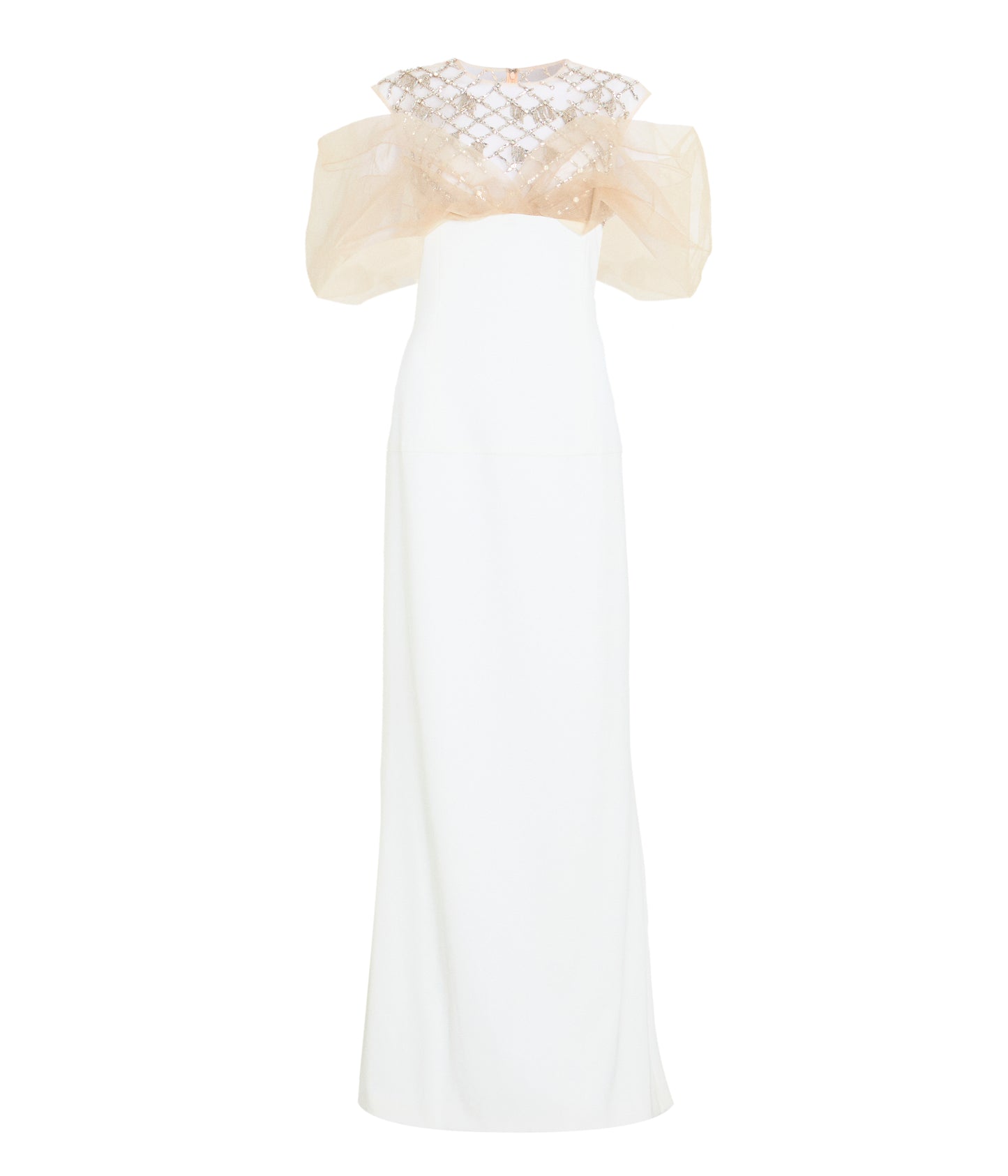 Ivory Crepe Column Gown With Crystal Lattice Embroidery