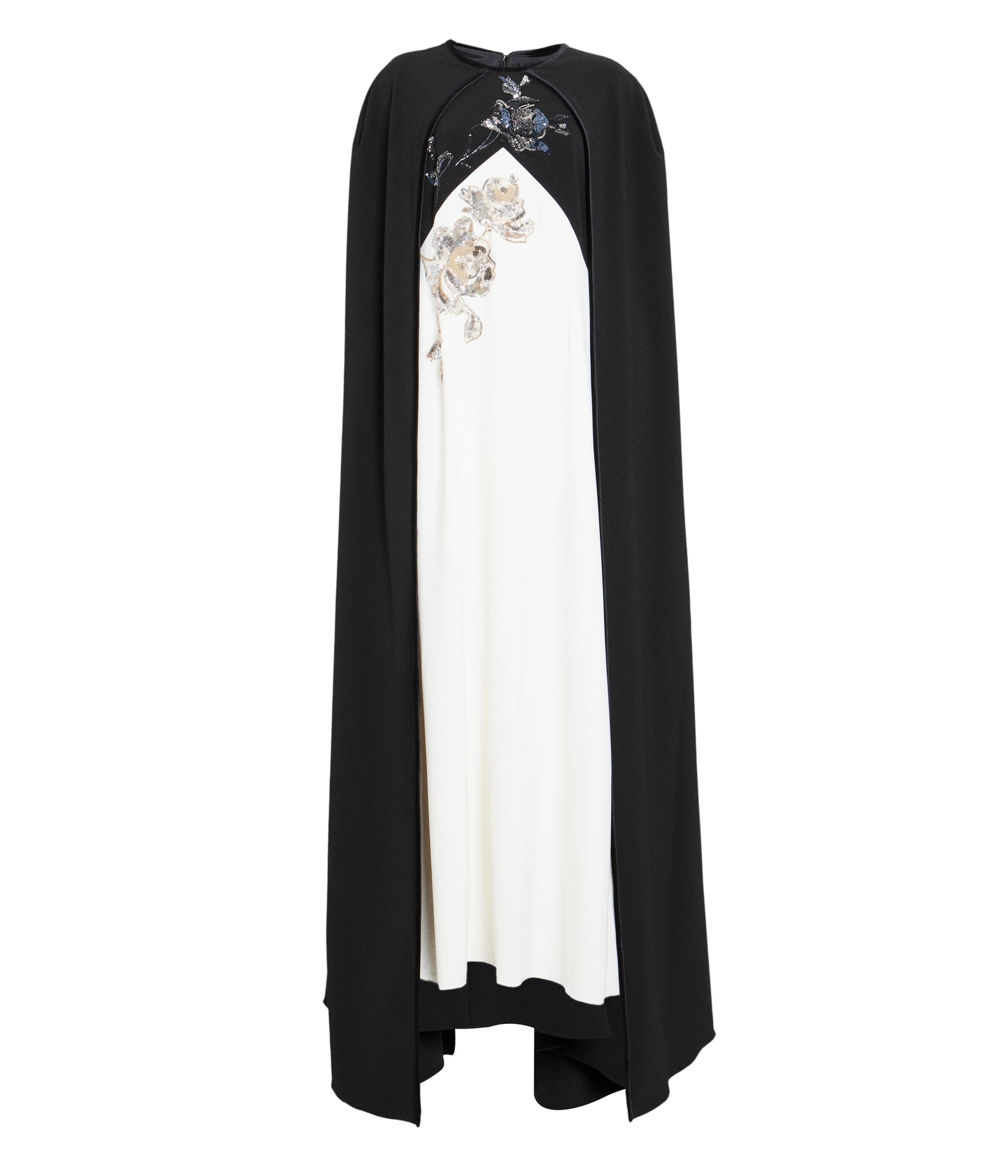 Color Blocked Japanese Crepe Crystal Embroidered Gown With Cape