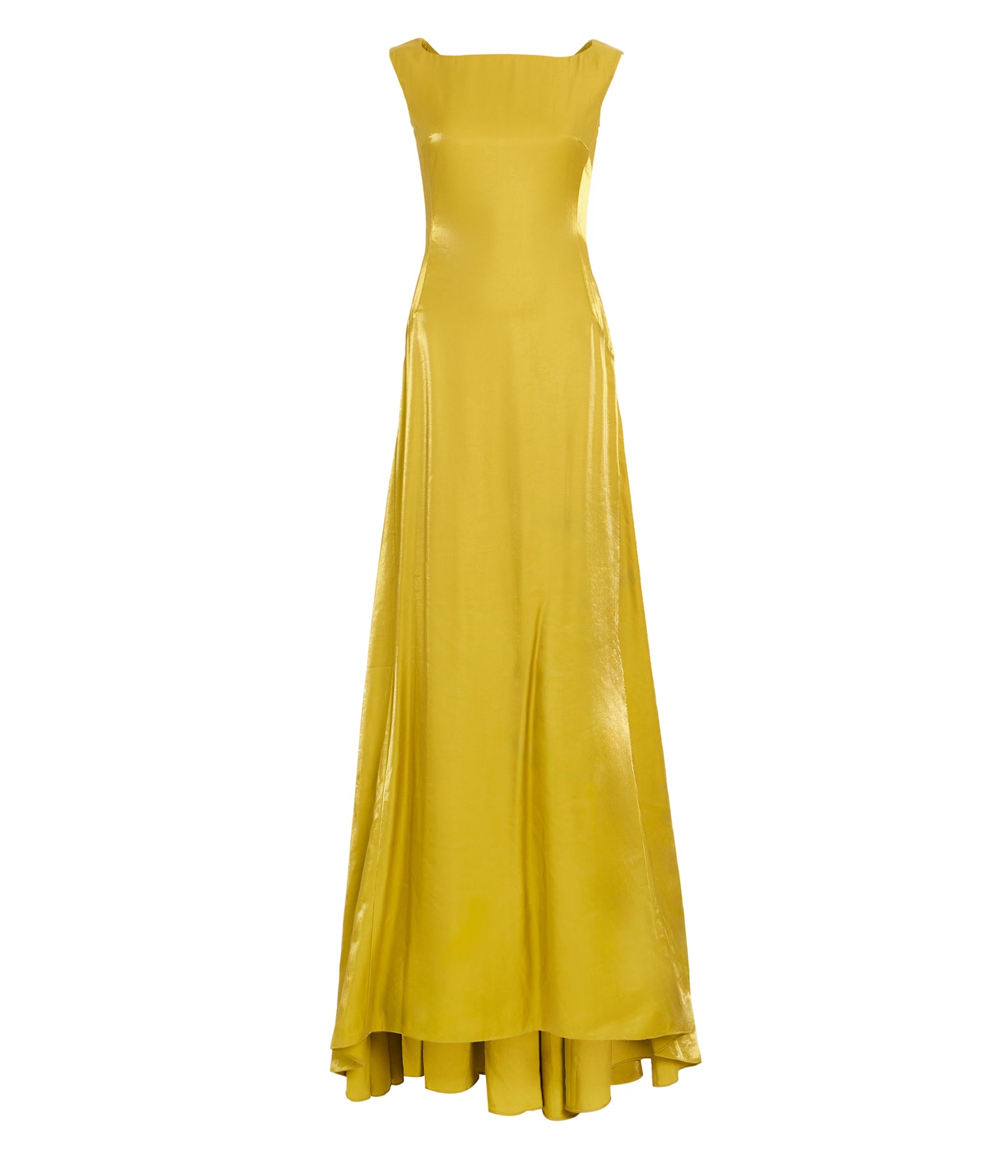 Chartreuse Metal Twill Gown With Open Back Detail