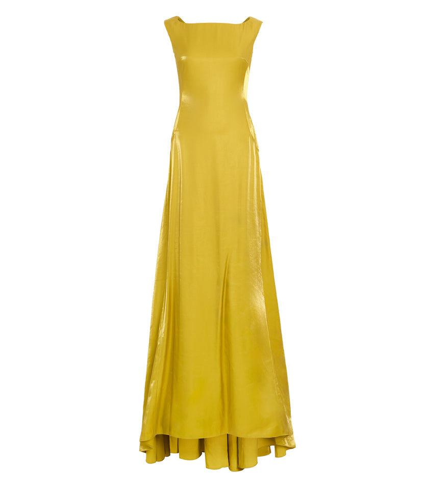 Chartreuse Metal Twill Gown With Open Back Detail