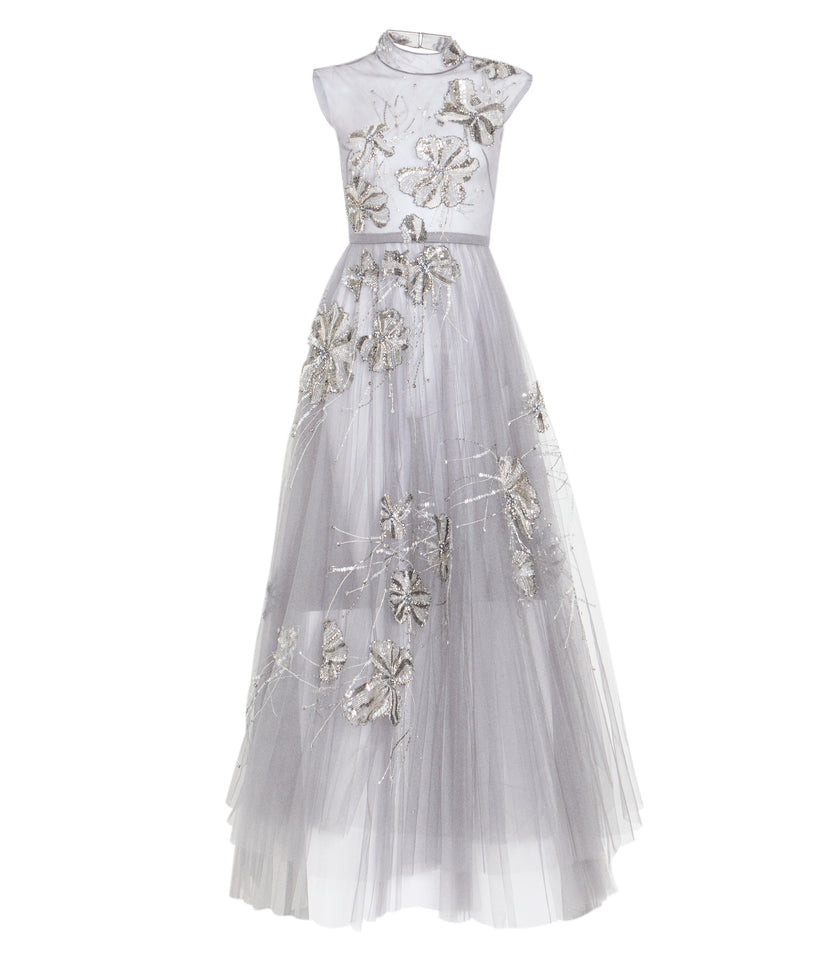 Black Diamond Fleur Embroidered Storm Gray Plisse Tulle Dress