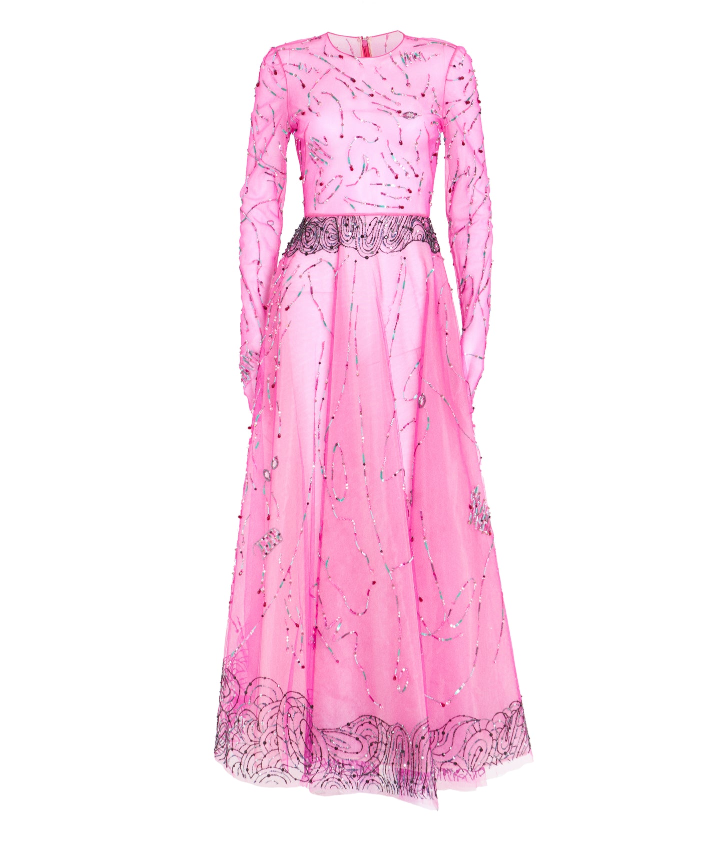 Fuchsia Goa Landscape Embroidered Tulle Dance Dress