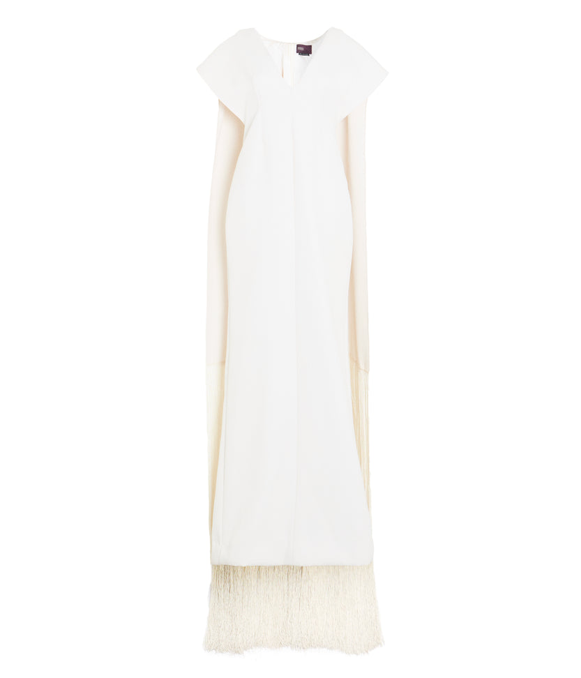 Ivory Cady Gown With Fringed Cape And Plunging Neckline