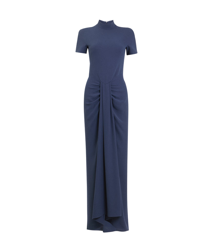 Navy Crepe Fitted Waterfall Gown