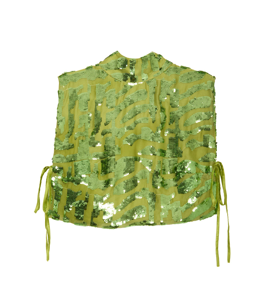 Pistachio Turtle Neck Crop Top With Patterned Sequin Details