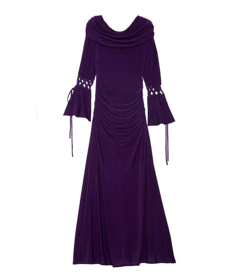 Cowl Neck Ruched Dress With Weave Details On Sleeves