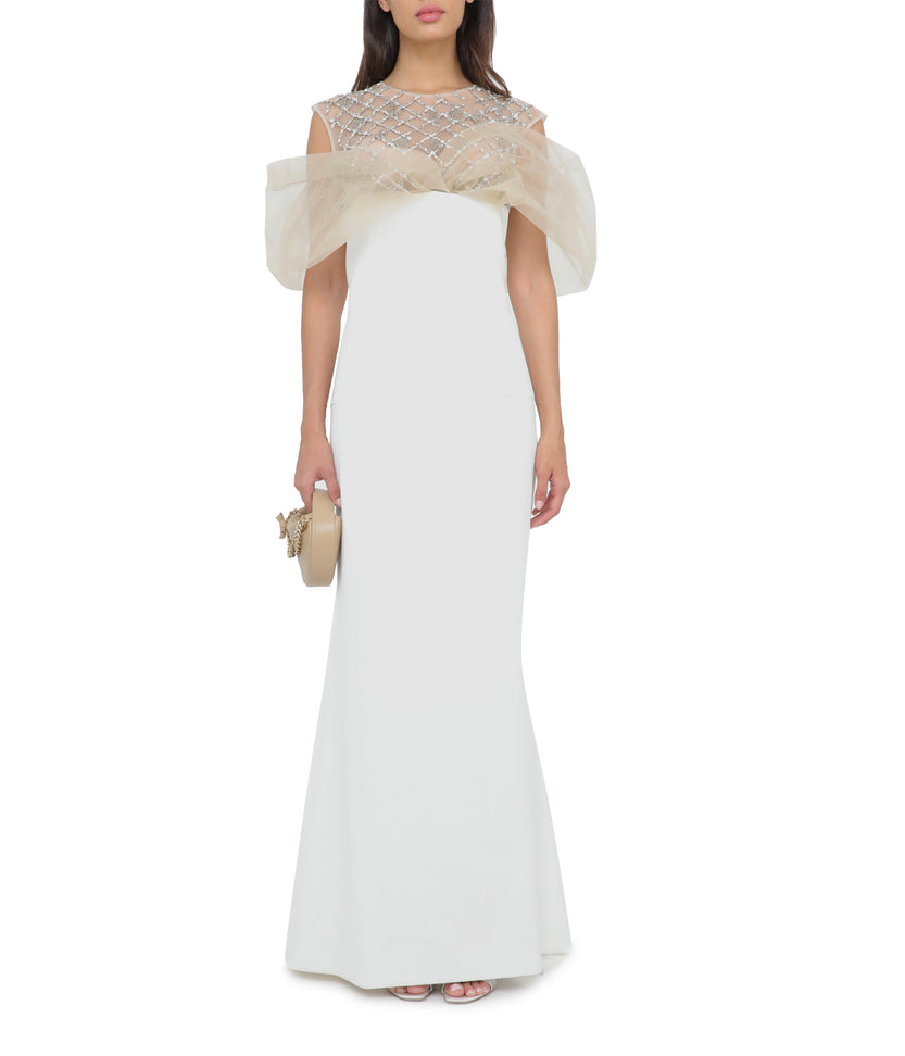 Ivory Crepe Column Gown With Crystal Lattice Embroidery