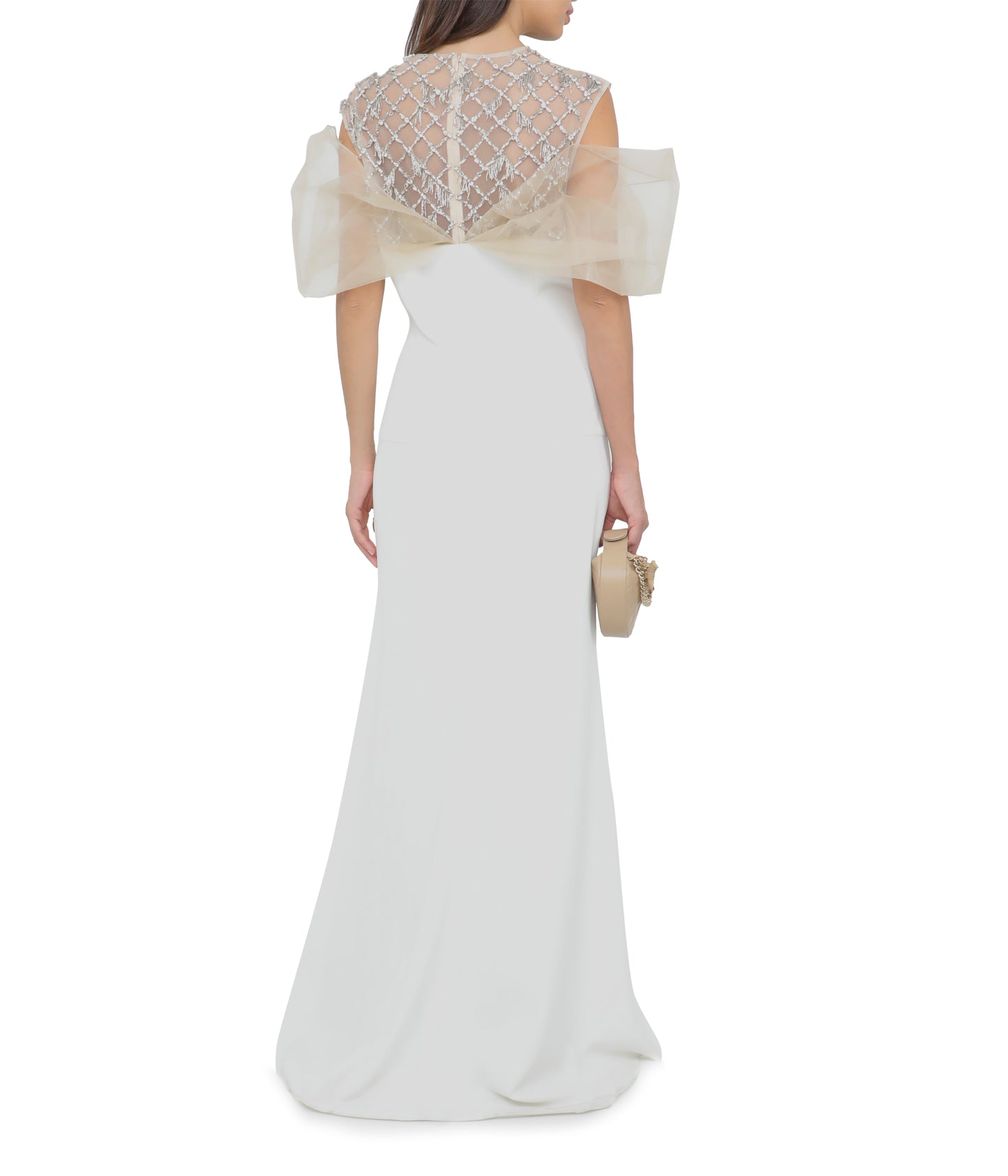 Ivory Crepe Column Gown With Crystal Lattice Embroidery