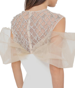 Ivory Crepe Column Gown With Crystal Lattice Embroidery