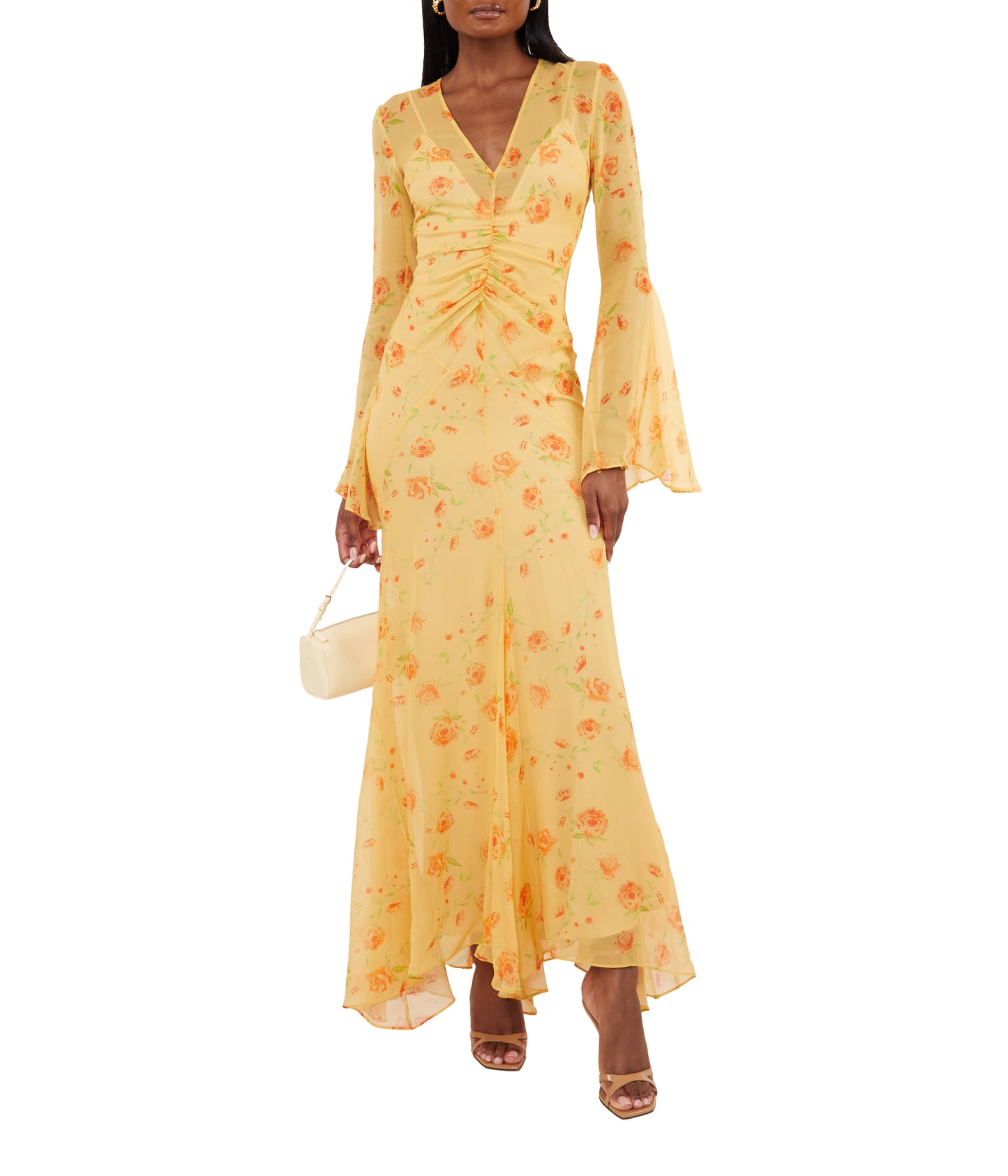 Amanthe Maxi Dress In Apricot Flor De Amor Silk Chiffon