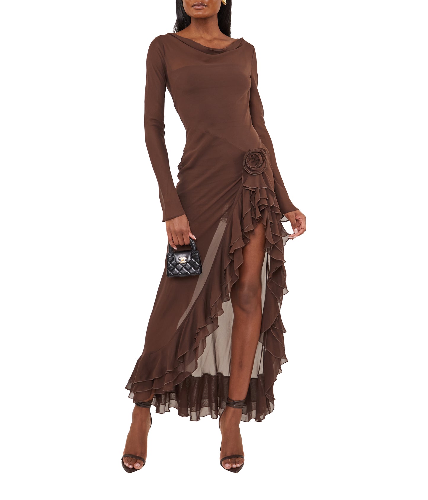 Charmides Maxi Dress In Chocolate Brown Silk Chiffon