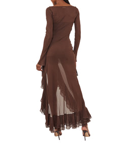 Charmides Maxi Dress In Chocolate Brown Silk Chiffon