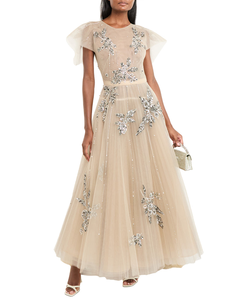 Bay Leaf Sequin And Crystal Embroidery Tulle Gown With Pleated Train