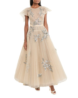 Bay Leaf Sequin And Crystal Embroidery Tulle Gown With Pleated Train