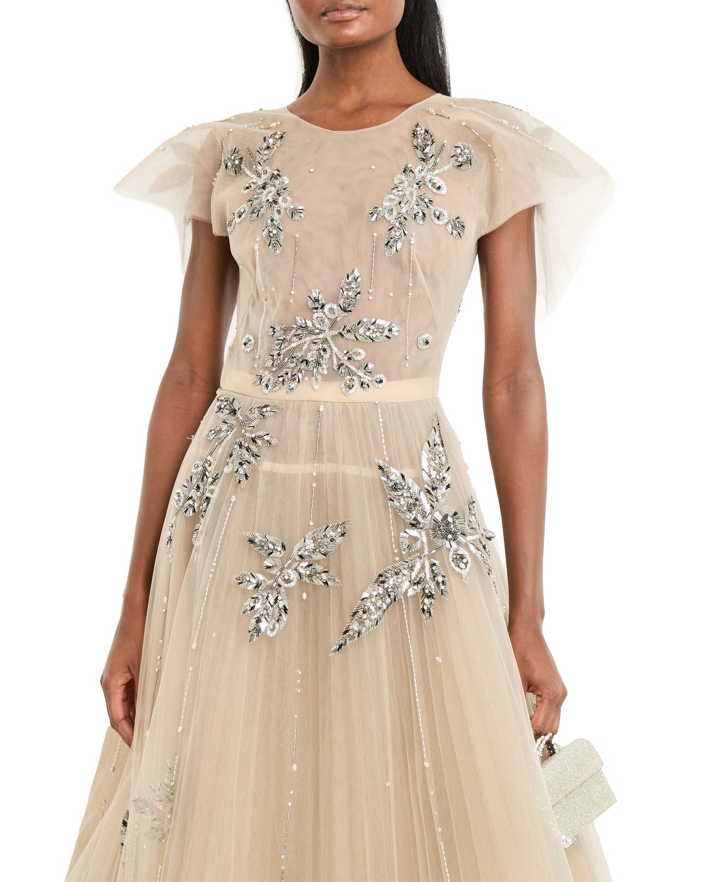 Bay Leaf Sequin And Crystal Embroidery Tulle Gown With Pleated Train