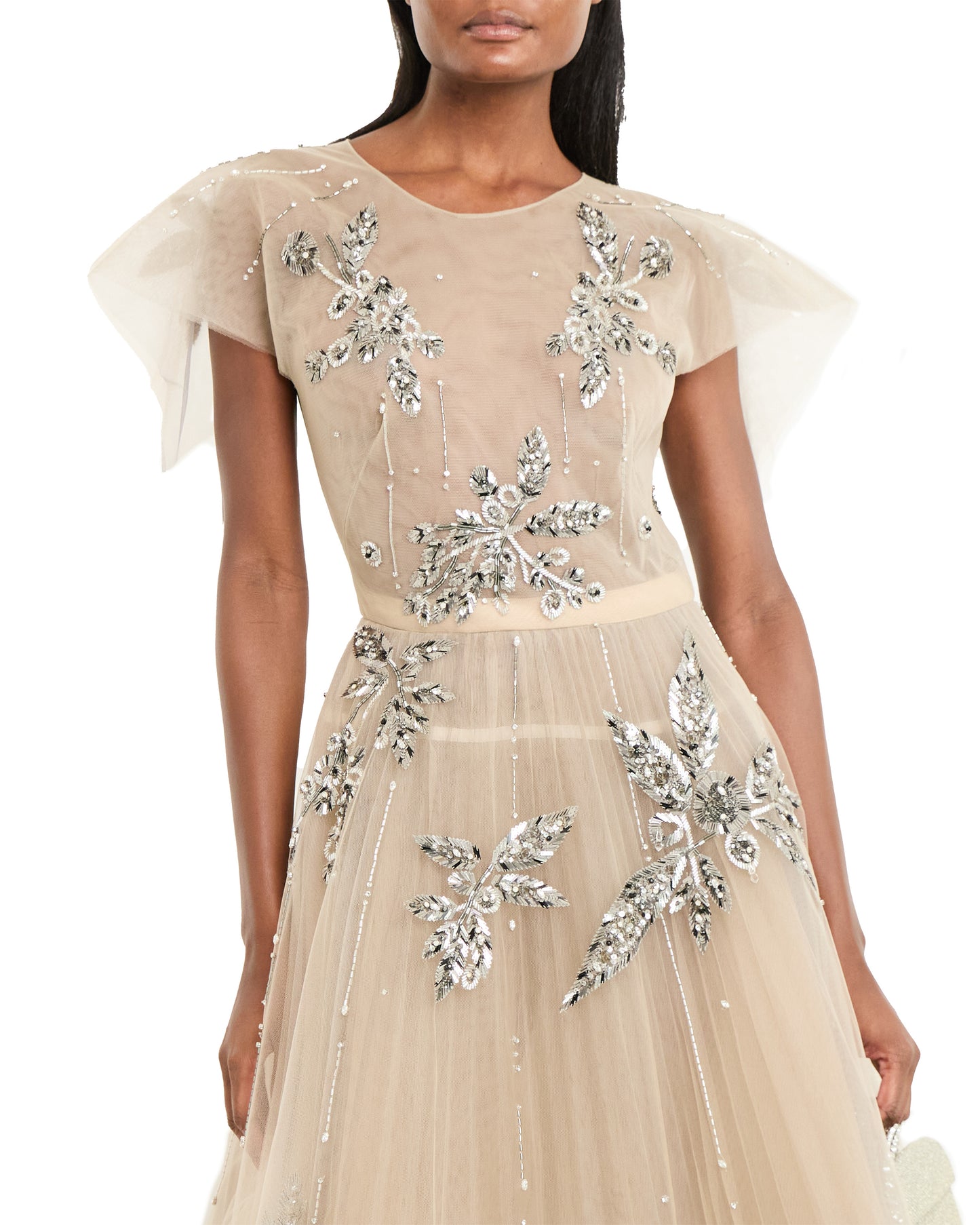 Bay Leaf Sequin And Crystal Embroidery Tulle Gown With Pleated Train