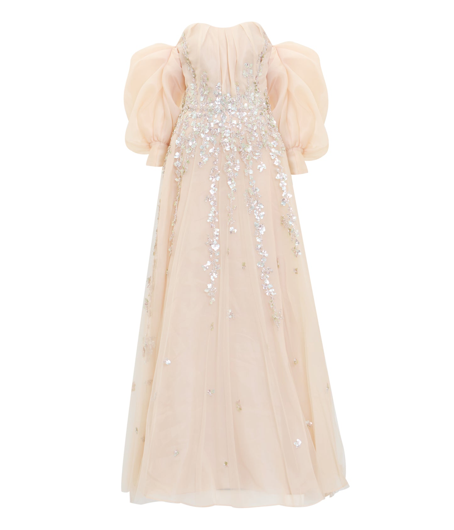 Organza Dress With Dotted Beading And Pleated Off-Shoulder Sleeves