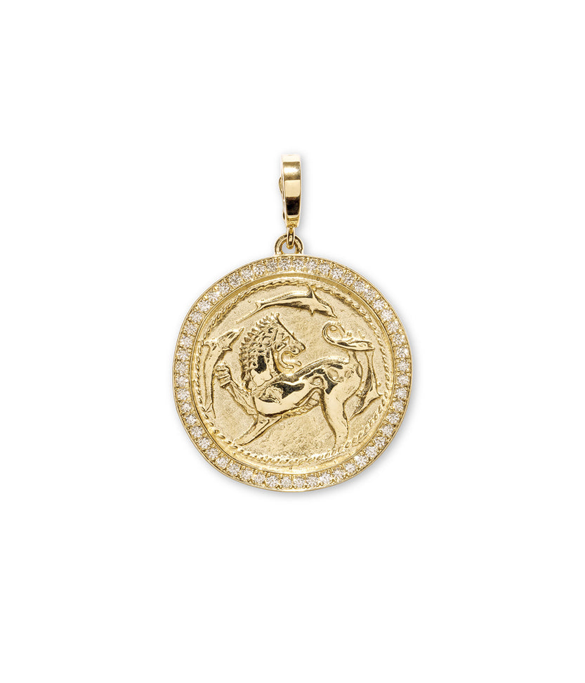 Lion And Dolphin Large Pave Coin Charm