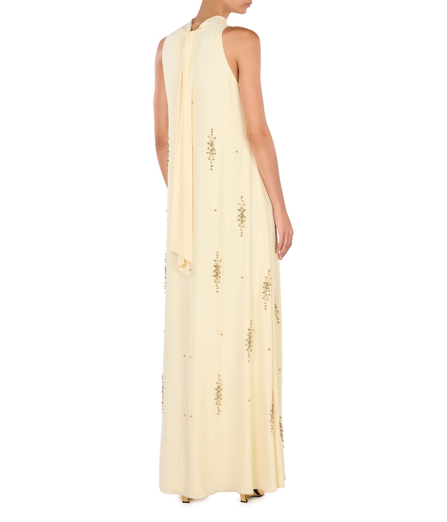 High Neck Halter Dress With Scattered Embroidery & Ribbon Details