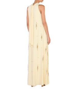 High Neck Halter Dress With Scattered Embroidery & Ribbon Details