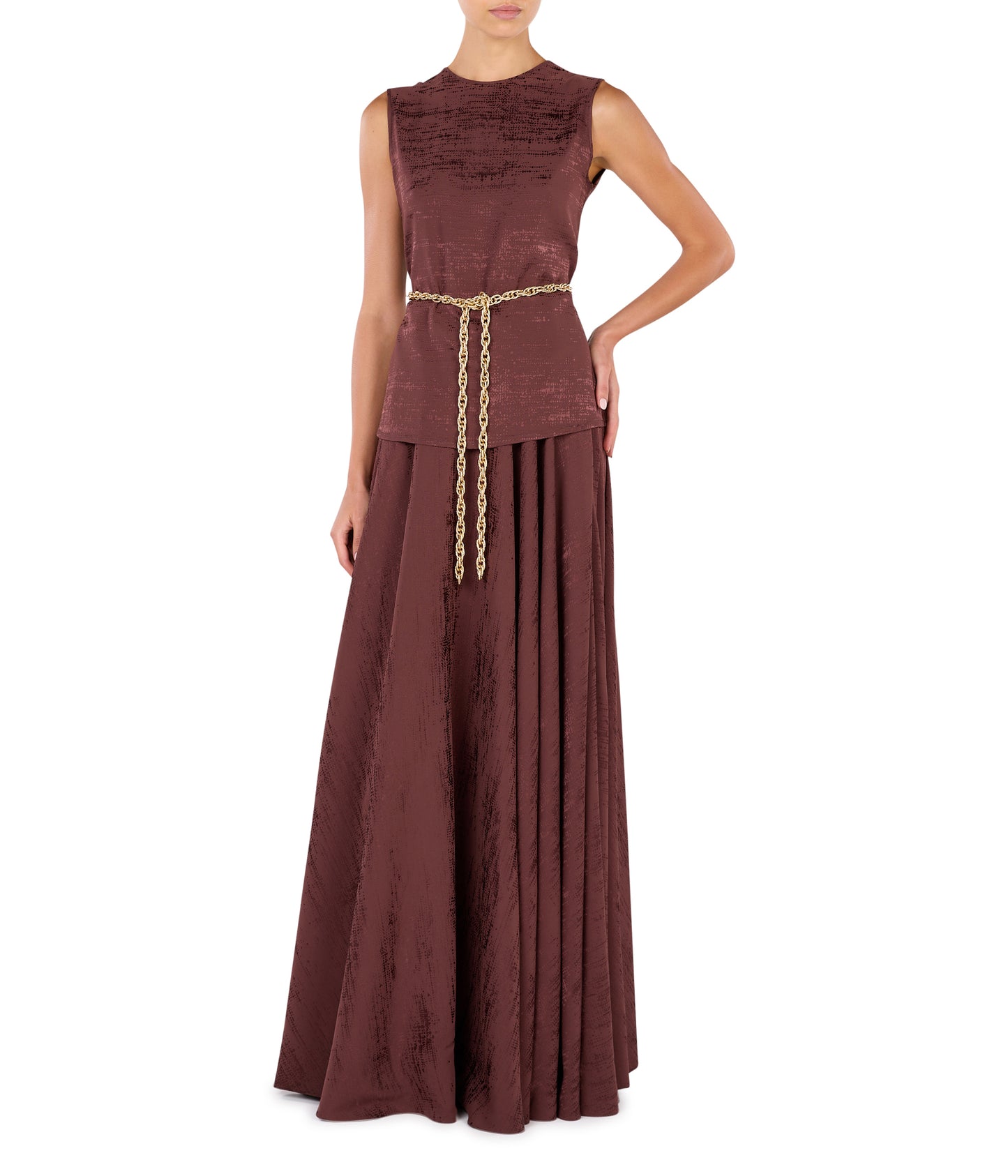 Sleeveless Top With Flare Skirt Styled With Belt