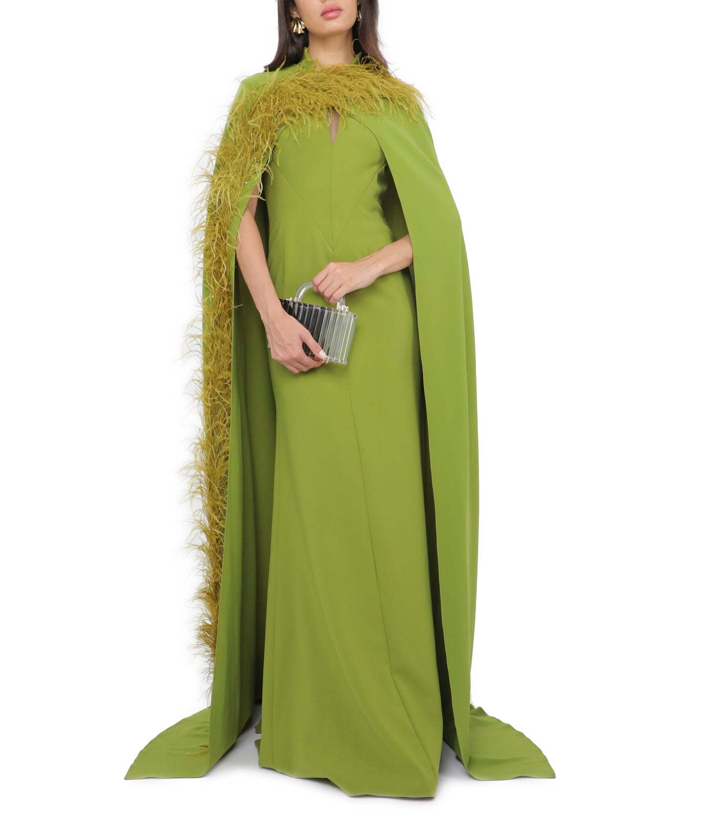 Henna Crepe Amrita Gown With Feather Embroidered Cape