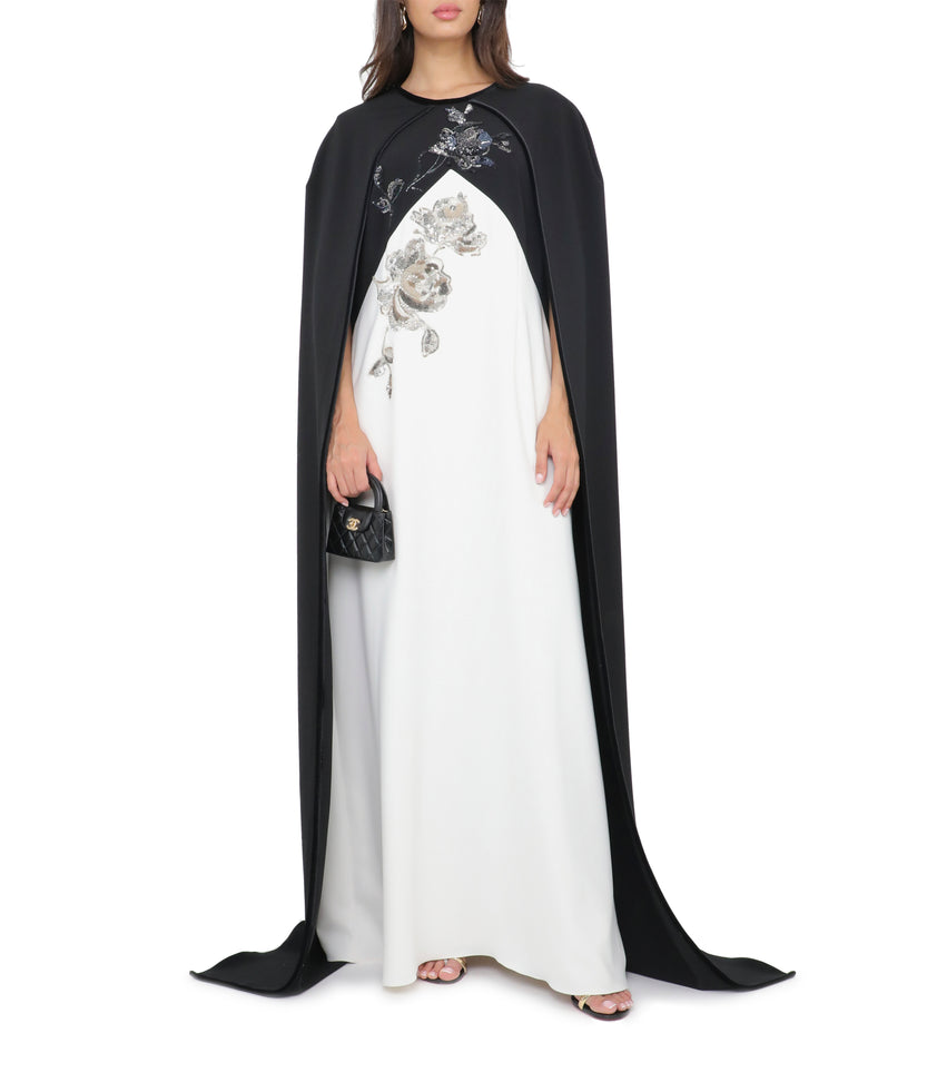 Color Blocked Japanese Crepe Crystal Embroidered Gown With Cape