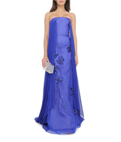 Yves Blue Organza And Chiffon Strapless Gown With Sapphire Fleur Embroidery