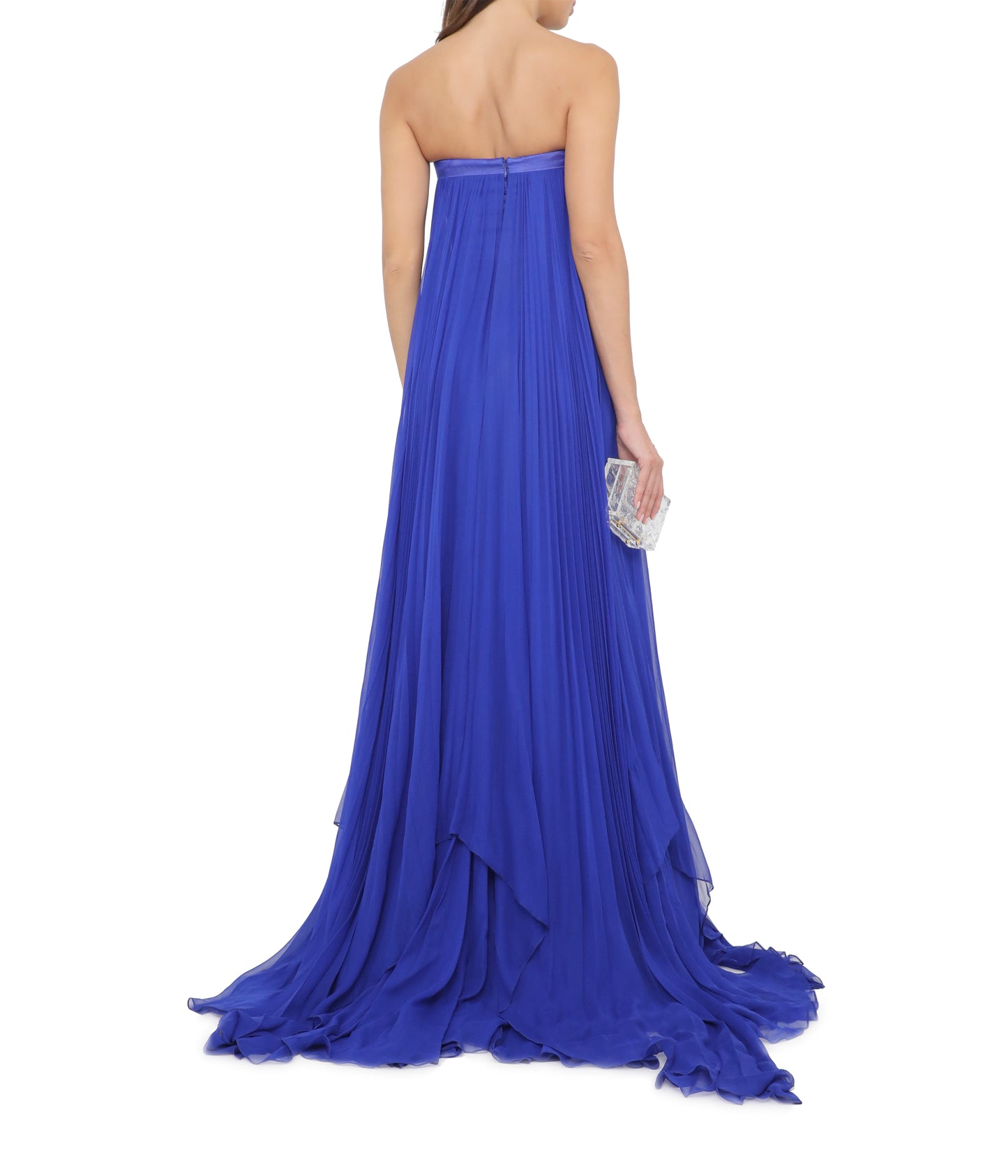 Yves Blue Organza And Chiffon Strapless Gown With Sapphire Fleur Embroidery