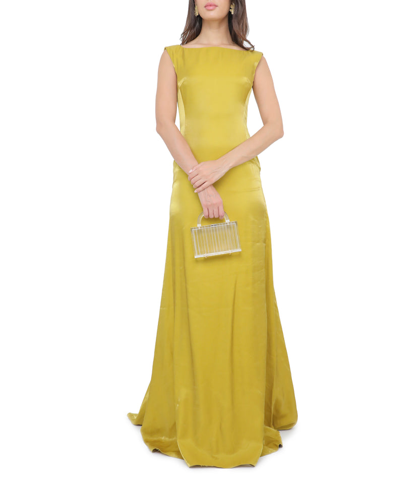 Chartreuse Metal Twill Gown With Open Back Detail