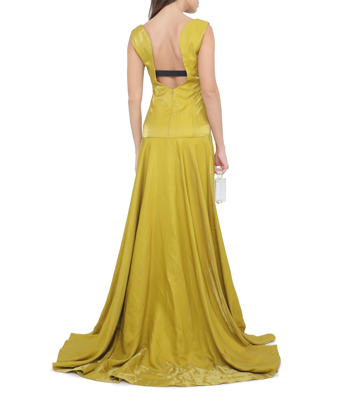 Chartreuse Metal Twill Gown With Open Back Detail