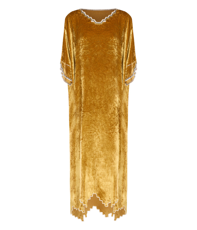 Velvet Wide-Sleeved Kaftan With Embroidery Details