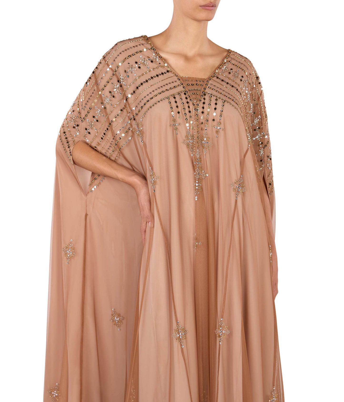 Tulle V-Neck Cape-Style Kaftan With Embellishment