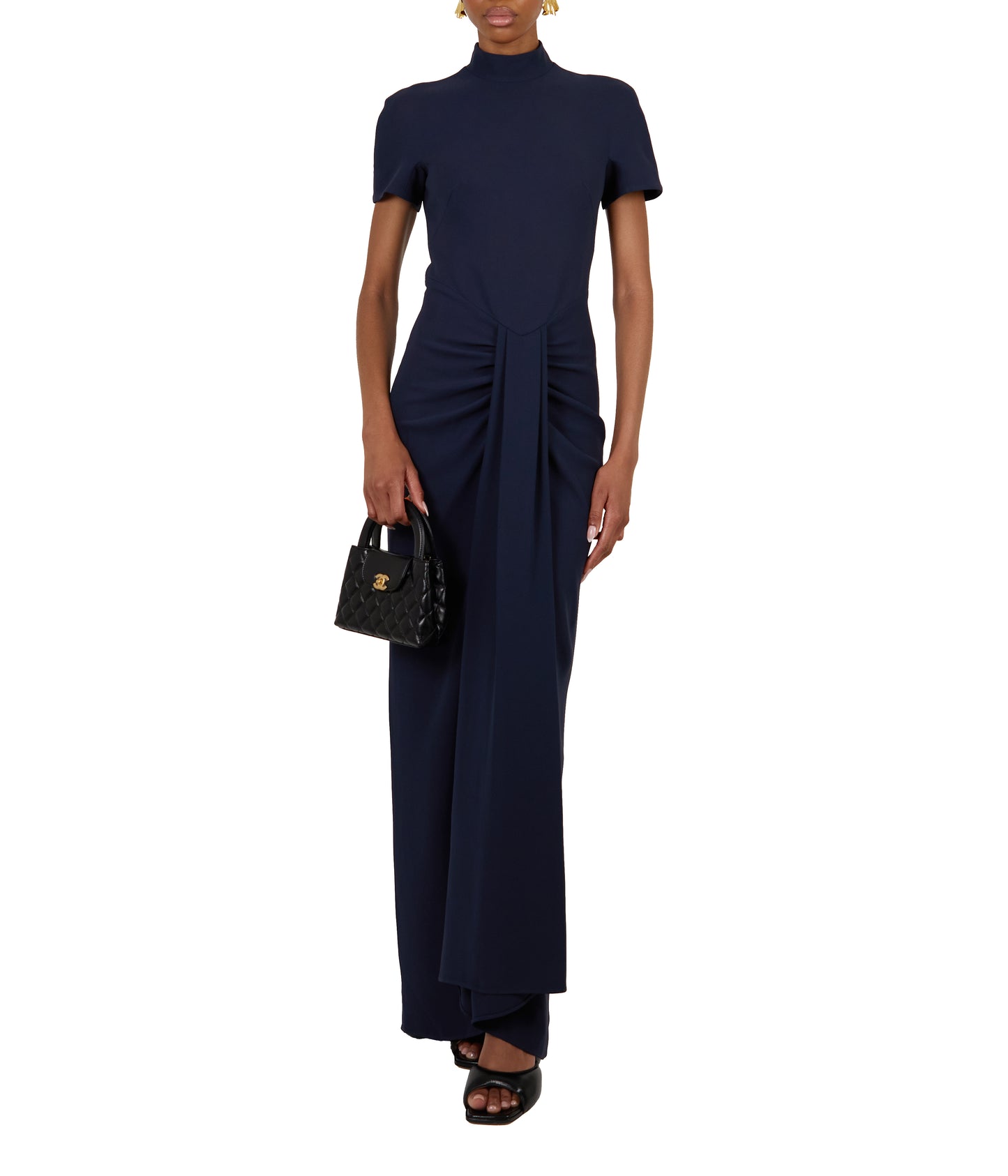 Navy Crepe Fitted Waterfall Gown