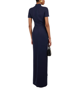 Navy Crepe Fitted Waterfall Gown